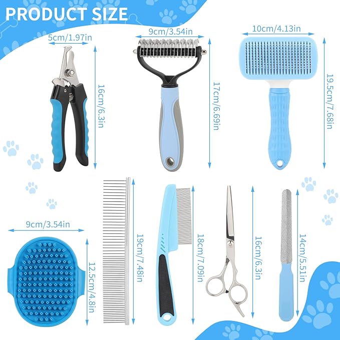 9 Pcs Pet Grooming Brush Set for Shedding, Professional Cats Dogs Long Hair Brush Nail Clipper And File Grooming Kit Self Cleanup Deshedding Multifunctional for Dogs Cats (Blue)