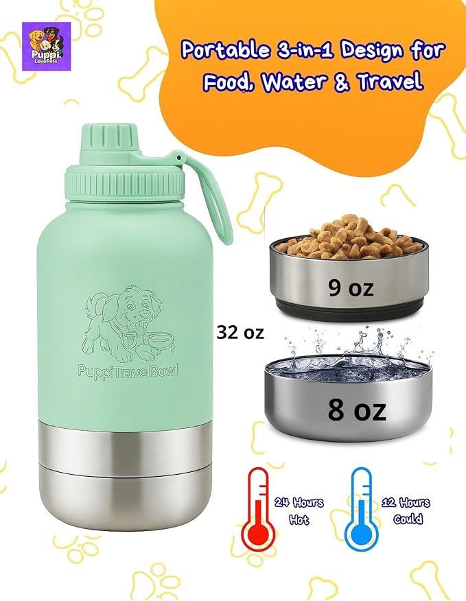 PuppyTravelBowl 3-in-1 Portable Dog Water & Food Bottle, 32oz Leak-Proof Travel Bowl for Pets – Ivory