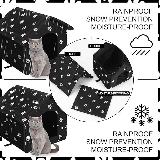 Soaoo 3 Pcs Cat Houses for Outdoor Stray Cats Shelter Weatherproof Outside House Indoor Foldable Pet Cave with Tent Stakes for Wild Animal Dogs(Paw Style)