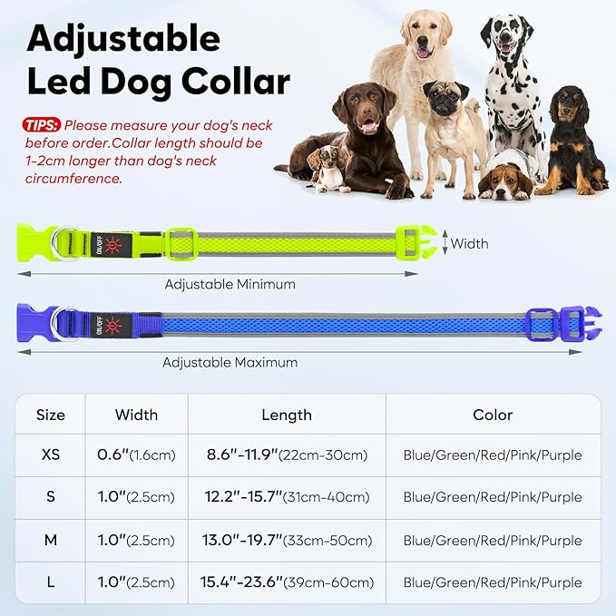 Flashseen LED Dog Collar, USB Rechargeable Light Up Dog Collar Lights, Adjustable Comfortable Soft Mesh Safety Pet Collar for Small, Medium, Large Dogs (Purple, Small)
