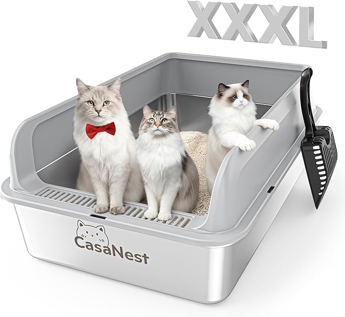 XXXL Stainless Steel Litter Box, 28.1'' Extra Large Metal Litter Box for Big and Multi Cats, Low Entry Design, Metal Pan, Non-Sticky, Anti-Leakage, Easy to Clean