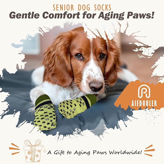 Non Slip Dog Socks to Prevent Licking Paws Grippy Socks for Senior Dog on Hardwood Floors Anti Slip Dog Socks for Christmas Holiday Double Side Paw Protector Prevent Scratching Green M