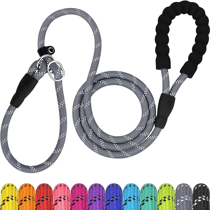 TagME Slip Leads for Dogs, 6 FT Heavy Duty Slip Leash with Padded Handle, Strong Rope No Pull Pet Training Leash for Small Dogs,Gray