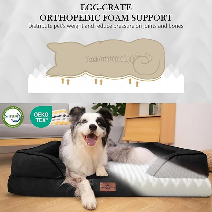 Comfort Expression Orthopedic Dog Bed for Medium Dogs 30x20 Inch, Waterproof Supportive Egg Crate Foam Medium Pet Bed with Removable Bolsters, Dog Couch with Washable Cover & Non-Slip Bottom, Black