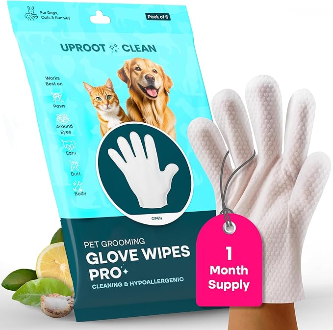 Uproot QuickClean Gloves Pro: 1 Month Supply - Extra-Thick Pet Glove Wipes for Dogs & Cats - Easy Wipe Paws, Eyes, Ears, Butt, & Body - Lick-Safe - Cleaning, Deodorizing & Grooming (6 Pack)