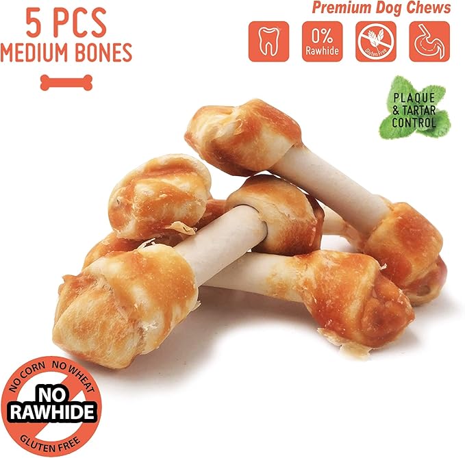 LuvChew Chicken Dog Chew Bones Medium, Rawhide Free, Grain Free, Made with Real Chicken & Wholesome Vegetables, Knotted Bones Medium 5pcs/Pack