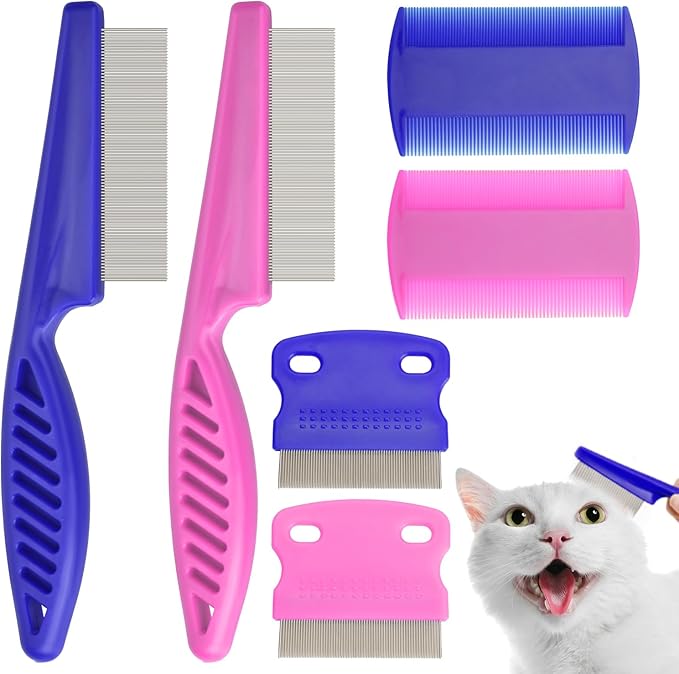 Flea Comb for Cats Dogs, 6 Pack Flea and Lice Grooming Comb Set for Cats, Pet Grooming Tools for Small, Medium & Large Pets (Pink & Blue)