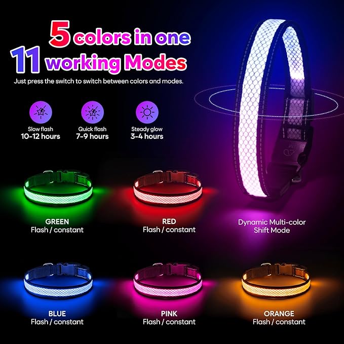 Weesiber Light Up Dog Collar, USB Rechargeable LED Dog Collar Glow in The Dark, Adjustable Reflective Waterproof Dog Collar Light for Night Walking (RGB, L)