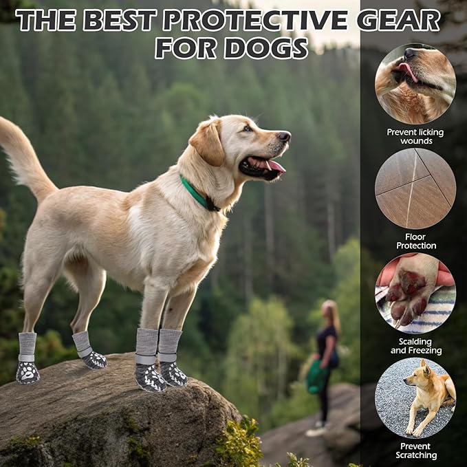 EXPAWLORER Dog Socks to prevent Licking and Slipping, Winter Dog Shoes for Cold Weather Snow, Paw Protectors for Hardwood Floors Anti-Slip, Dog Booties for Small Medium Large Senior Dogs, Black Grey M