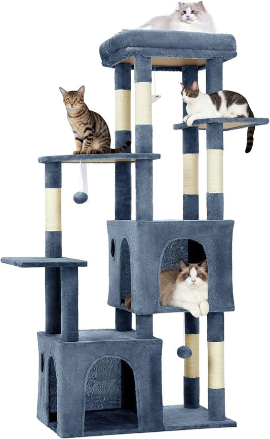 Cat Tree - 157cm Tall, Sisal Wrapped Scratching Post, Cat Nest, Hanging Ball, Extended Platform