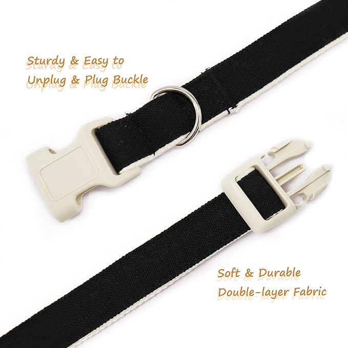 Cotton Hemp Dog Collar Adjustable, Black Dog Collar Soft Natural Fabric with Quick Release, Cute Wedding Puppy Necklace for Small Medium Large Dog, Black-L