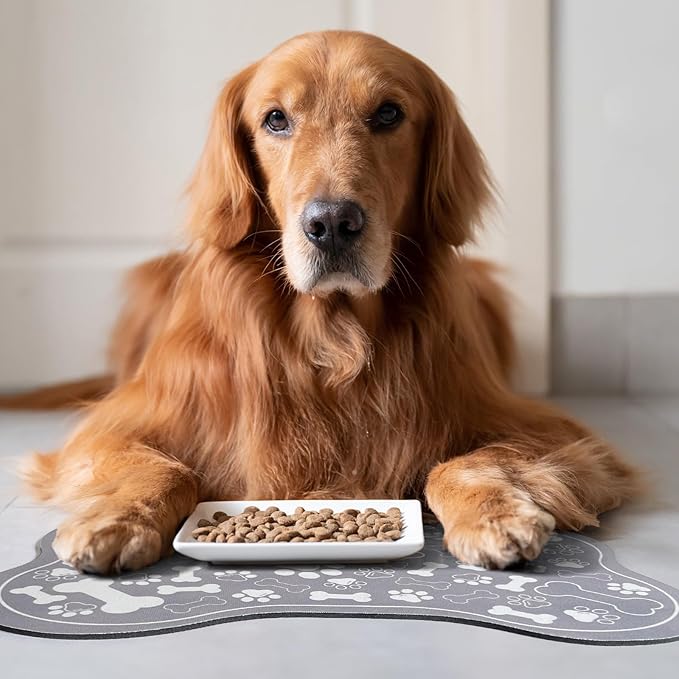 Dog & Cat Food Mat Bone Shaped Pet Feeding Mat Quick Absorb Water Bowl Placemat with Rubber Backing Indoor Floor Stain Resistant Pet Accessory Supplies (Grey Small, 12x18 Inches)