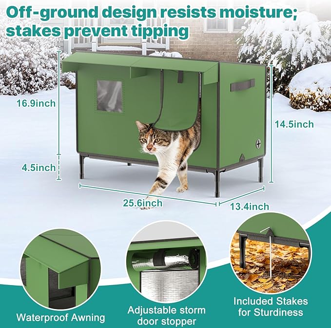Large Heated Outdoor Cat House for Winter – Waterproof & Insulated Shelter with Soft Heated Pad, Elevated Base & Clear Window – Large Winter Cat House for Stray, Feral, and Barn Cats