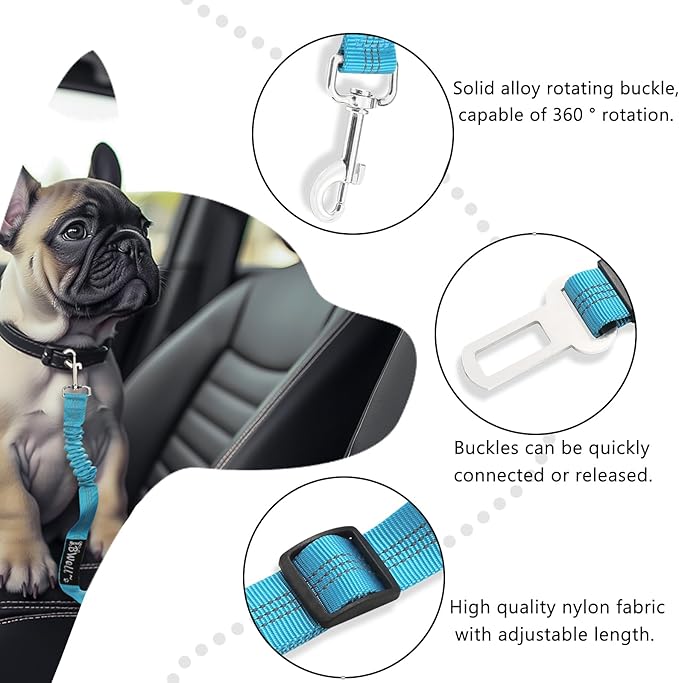 IBWell Dog Seat Belt for Car with Elastic Bungee Leash, Car Leash Car Seat Belt for Dogs (Light Blue, 2PCS-27.6")