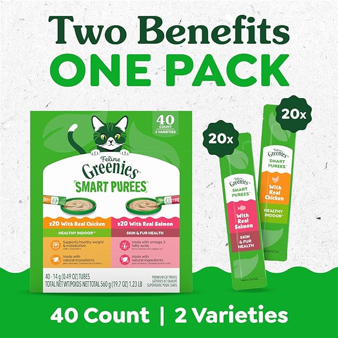 Greenies Feline Smart Purees Healthy Indoor and Skin & Fur Health Lickable Cat Treats, with Real Chicken, with Real Salmon, 0.49 oz. Tubes, 40 Count