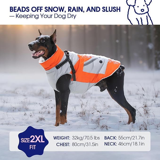 FUAMEY Dog Winter Jackets for Large Dogs,Dog Coat with Harness Built in,Waterproof Dogs Snowsuits Warm Pet Jacket Zip Up Fleece Cold Weather Coats Reflective Safety Pets Hunting Vest Orange 3XL