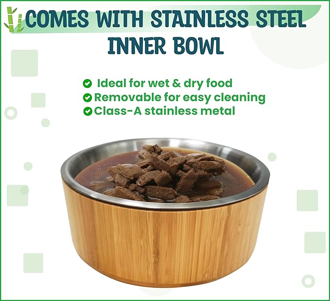 Raised Dog Bowl - Elevated 12-inch, Large Breeds Treats, Dry and Wet Foods Suitable - Deter Ants/Bugs, Resist Tip-Over - Bamboo/Steel Bowls