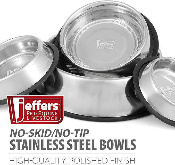 Jeffers No Skid No Tip Stainless Steel Pet Bowls for Dogs & Cats - Non-Slip Food & Water Feeder Dish with Black Rubber Base, Durable Easy to Clean Feeding Bowl for Indoor & Outdoor Use - 1 Quart