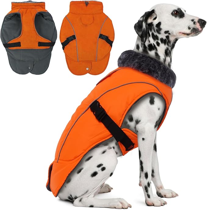 DENTRUN Winter Warm Dog Coat Reflective Jacket with Turtleneck for Cold Weather, Adjustable Buckle Windproof Water Repellent, Thick Snowsuit Fleece Vest for Small, Medium, Large Dogs, Orange, L