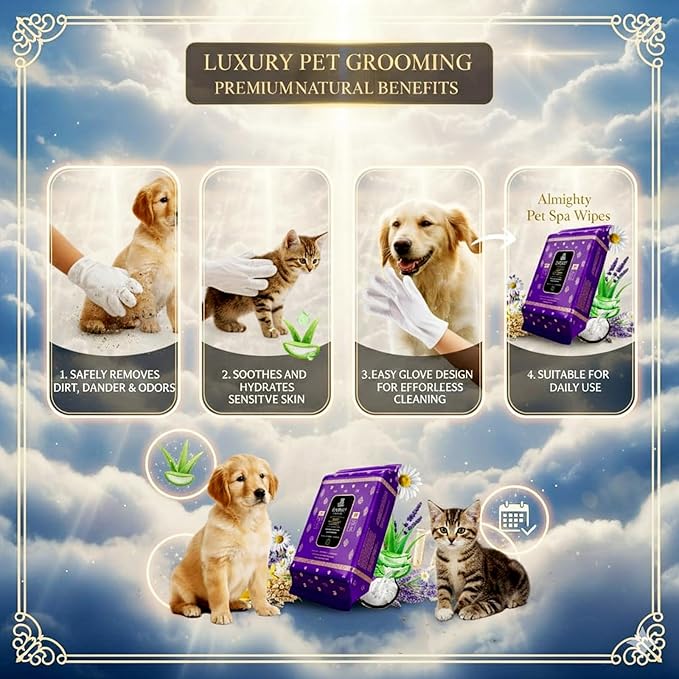 Almighty – Premium Pet Grooming Glove Wipes for Dogs & Cats | 20 Count | Instant Bath Cleaning Glove | Ultra-Thick, Hydrating & Nourishing | Deodorizing, Hypoallergenic, No-Rinse – Coconut Scent