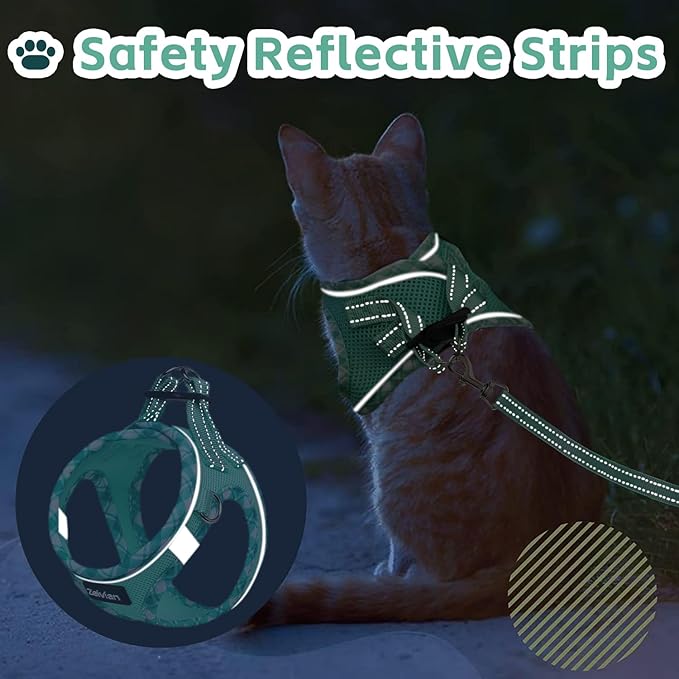 Cat Harness and Leash Set for Walking, Escape Proof Adjustable Soft Mesh Kitten Harness with Reflective Strips, Breathable No-Choke Pet Vest for Small Cats or Puppies(Green,XXS)
