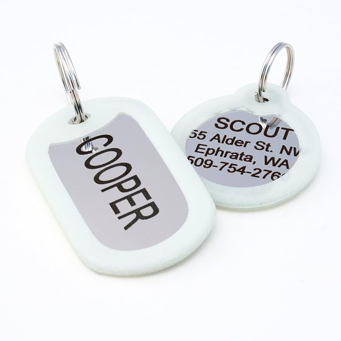GoTags Personalized Dog Tags in Stainless Steel, Includes Glow in The Dark Tag Silencer to Reduce Noise and Protect Tag and Engraving, No Noise, Quiet Pet Tags, 2 Side Engraving, (Rectangle Shape)