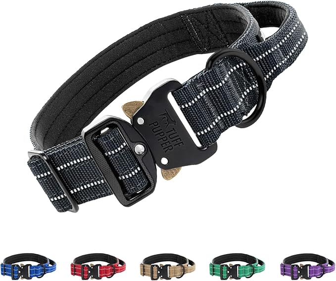 Tuff Pupper Tactical Dog Collar with Handle | Heavy Duty Adjustable Dog Collar | Military Nylon Collar for Medium Dogs | Quick-Release Buckle | Soft Padded Comfort | Training Control (Black, Medium)