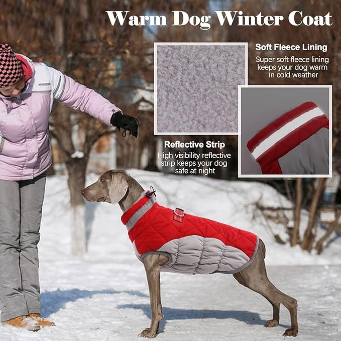 Lelepet Dog Coat Warm Dog Winter Coat Waterproof Dogs Jacket with Harness Built in Reflective Pet Fleece Vest Zip-Up Cold Weather Coats for Medium Dogs Turtleneck & Windproof Coats Dachshund Red M
