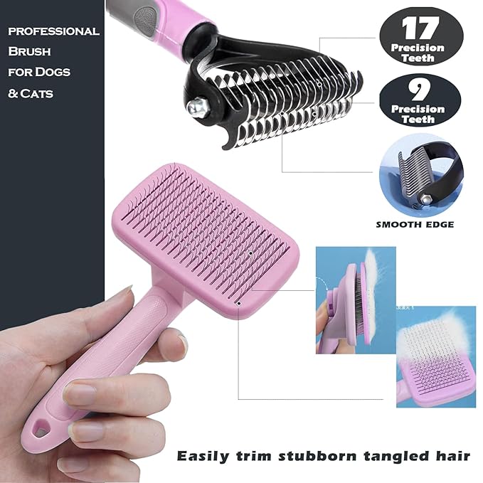 2PCS pet hair removal comb & Dog Brushes & cat brushes & Pet Grooming Rake & Bath Brush for Dogs,Cats and Horses | Skin Friendly Deshedding Grooming Tool & Double-Sided Dematting Tool (pink)