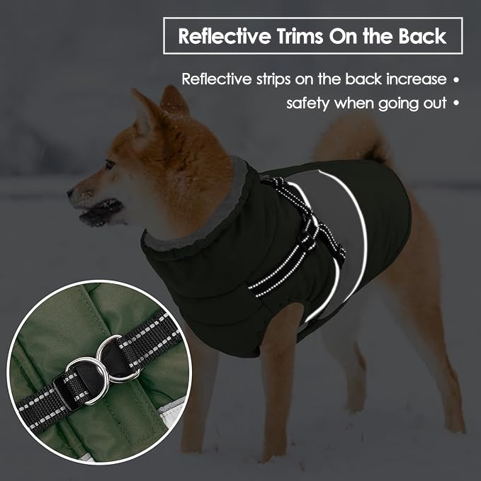 SUNFURA Dog Coat for Large Dogs, Warm Pet Jacket Winter with Harness Built in, Waterproof Pet Snow Jacket with Furry Collar, Reflective Fleece Snowsuit for Extra Large Dogs, Army Green XL