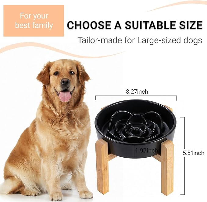 Ceramic Slow Feeder/Dog Bowl for Medium Large Dogs,Elevated/Raised Slow Feeding Dog Food Water Dish Heavy Weighted,Puzzle Eating Bowl Modern Maze Maze (Black, 8.66in)