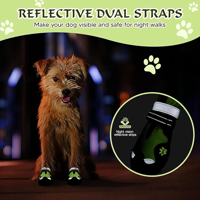 Dog Shoes for Large Dogs, 360°Anti Slip Medium Dog Boots & Paw Protectors Winter Snowy, Waterproof 4Pcs Dog Booties with Reflective Strips (Size 3: 1.97''x2.48''(W*L), Green)