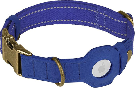 Reflective Leather Dog Collar with AirTag Holder - Soft Apple Airtag Dog Collar with Metal Buckle - Safety Cotton Pet Collars for Dogs Small Large Dogs Puppy (Blue, XS, 9"-12")
