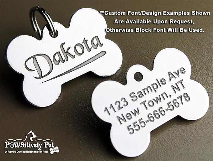 Pawsitively Pet Tags Stainless Steel Custom DEEP Engraved Pet ID Tags Personalized Front/Back Dog Tags for Dogs and Cats - Bone 1" x1-1/2 (2-Side Engraving)