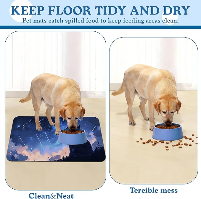 Starry Night Cat Dog Food Mat–Christmas Stocking Absorbent Quick Dry Feeding Placemat for Food and Water Bowls, Non Slip Rubber Backing, Waterproof Pet Supplies for Mess-Free Eating 16"x24"