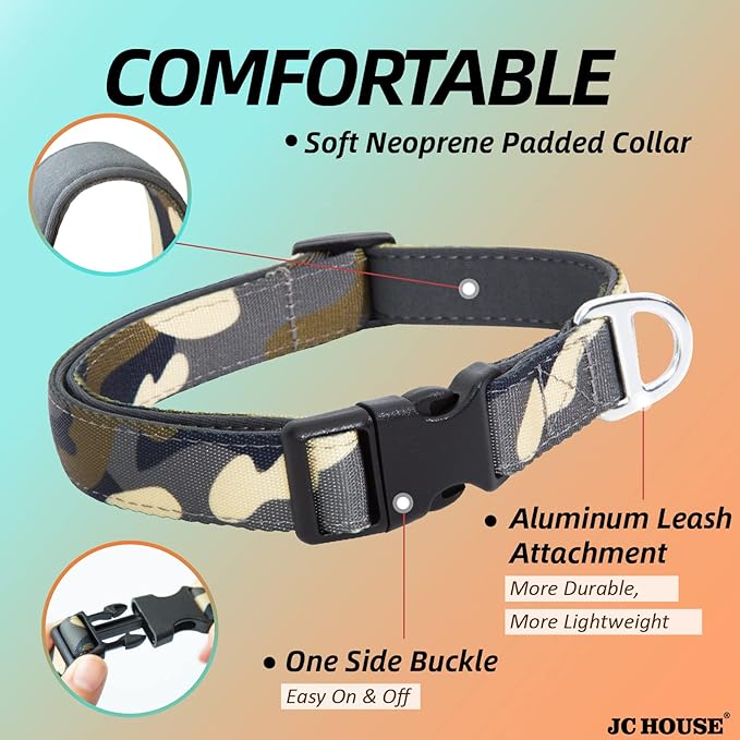 Soft Padded Dog Collar, Neck 12’’-20’’, Adjustable Heavy Duty Collar with 3M Reflective Logo for Medium, Large Dogs, Camo Green, M