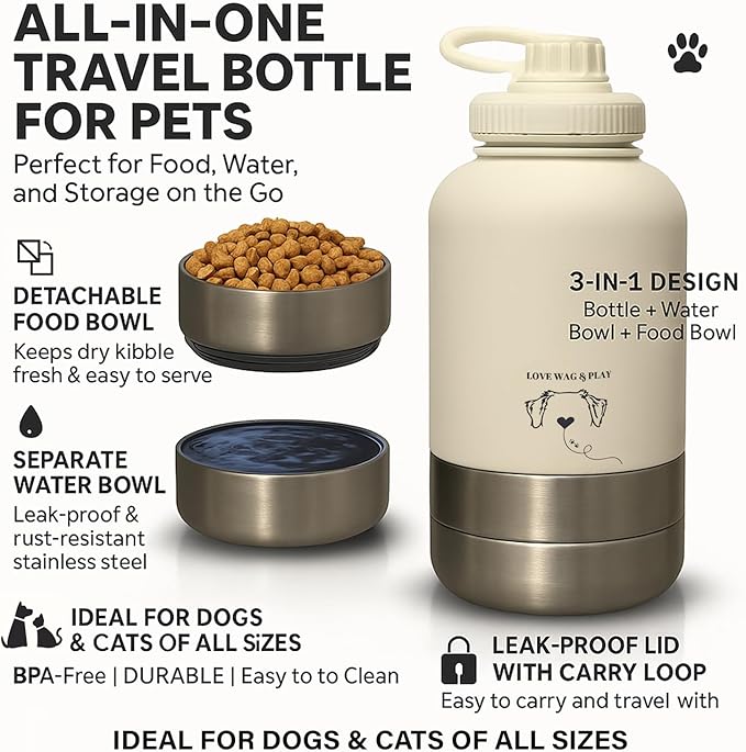 Love Wag & Play Dog Water Bottle Portable – 2 in 1 Stainless Steel Bowl for Food, Water – Leakproof Portable Water Bowl for Dog with Carry Loop – Detachable Design – Ideal for Kibble, Treats - Blue