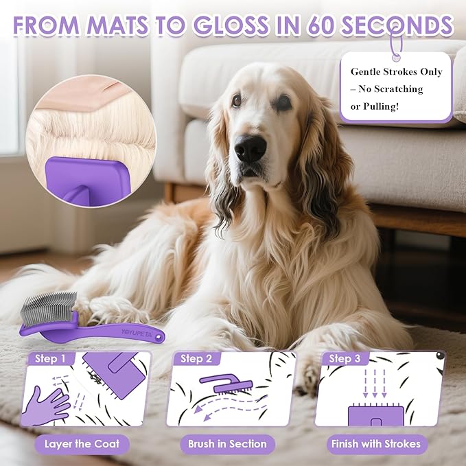 Large Long Pin Slicker Brush & Comb for Poodles, Goldendoodles & Cockapoos, Long Hair Dogs & Cats, Detangler Brush for Shedding & Matted Fur, Ergonomic Wooden Handle, Leather Sleeves. Purple