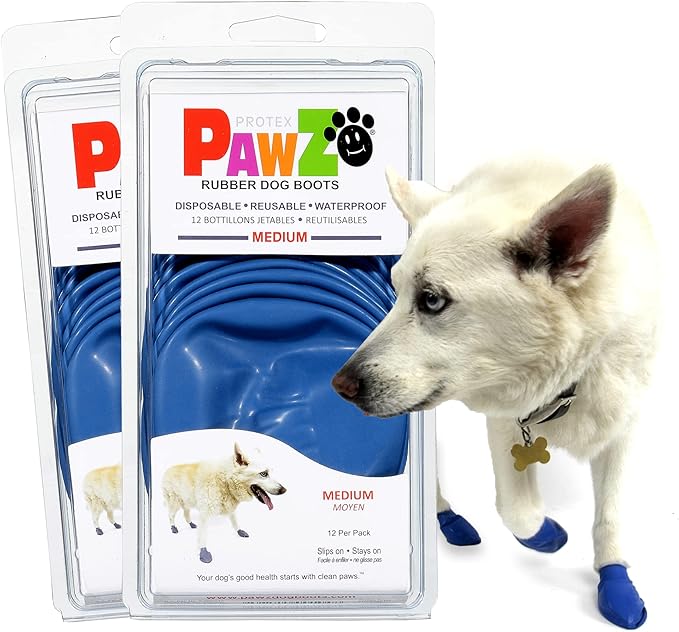 PawZ Rubber Dog Boots for Medium Paws - All-Weather Waterproof Dog Shoes, Anti-Slip Traction for Rain, Snow, Mud & Hot Pavement - Pull-On Dog Booties, Blue - Medium (2.5" - 3") - Pack of 24