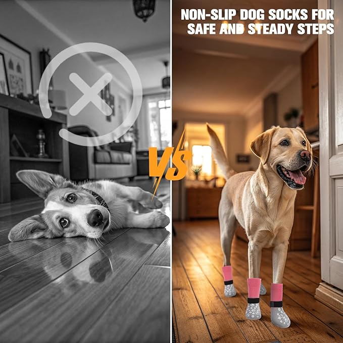 BINGPET Dog Socks to Prevent Licking Paws with Grippers for Hardwood Floors Anti Slip, Winter Warm Pet Shoes Booties, Extra-Thick Grip Dog Boots & Paw Protectors for Small Medium Large Senior Dogs, XL