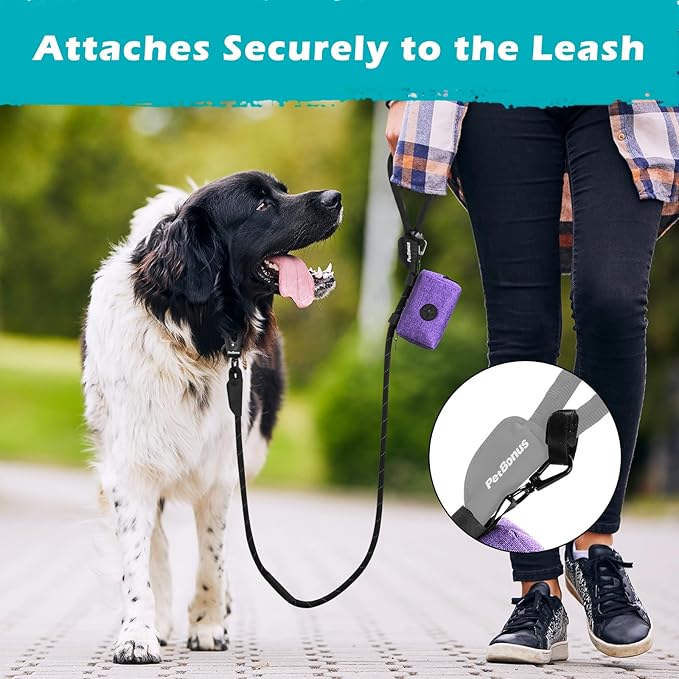 PetBonus Dog Poop Bag Holder, Portable Pet Waste Bag Dispenser, 2 Pouches for Treats and Walking Accessories, Fit All Leashes, Includes 1 Roll of Dog Poop Bags (Purple)