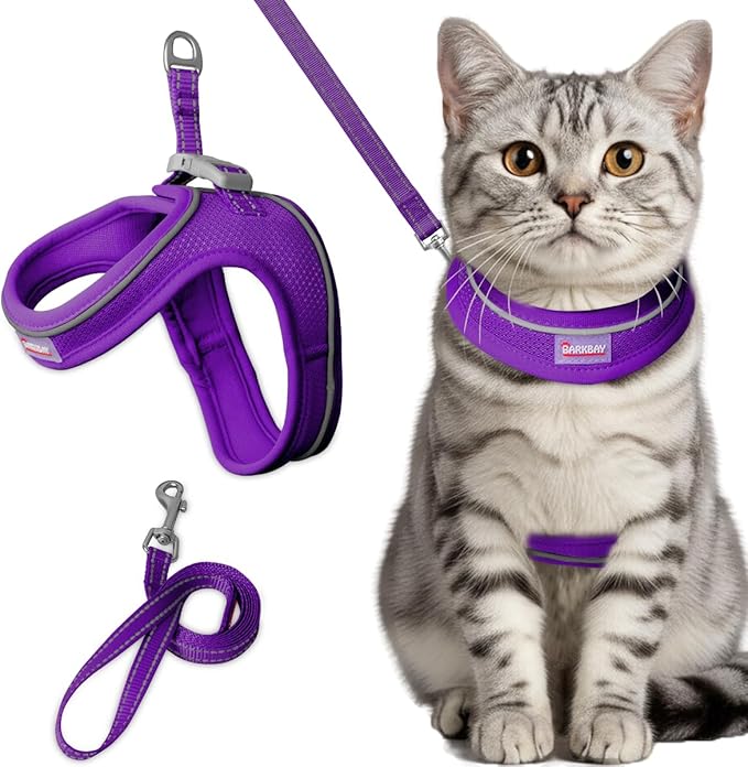 Cat Harness and Leash Set,Escape Proof Kitten Harness,Step in Adjustable Soft Lightweight,Easy Control,Reflective Strips Comfortable for Walking Travel(Purple,M)