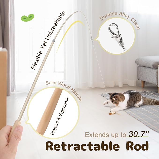 SONGWAY Interactive Cat Wand Toys - Retractable Teaser Wand and 6 Pieces Flying Bird & Crinkle Butterfly Dragonfly Cat Toy Feather Refills with Silvervine, Cat Feather Toys for Indoor Cats Kittens