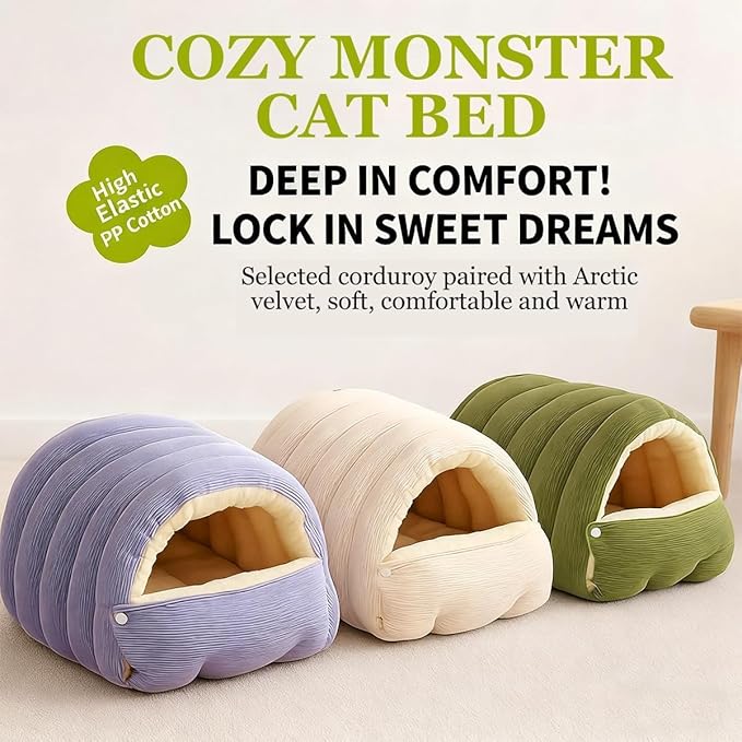 Removable and Washable Winter Closed-Off Cat Bed, Pet Indoor Cave for Cats, With Removable Cushion, Cozy Warming Fluffy Pet Bag for Small and Medium Dogs and Cats (Green L for 16.5lbs Cat & 11lbs Dog)