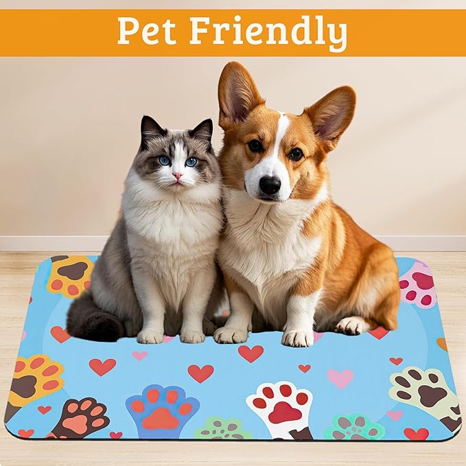 Pet Feeding Mat,Dog Paws Absorbent Dog Cat Food Mat Cute Cat Dog Mat with Rubber Backing,Non-Slip Water Bowl Placemat,Pet Supplies 12" x 20"