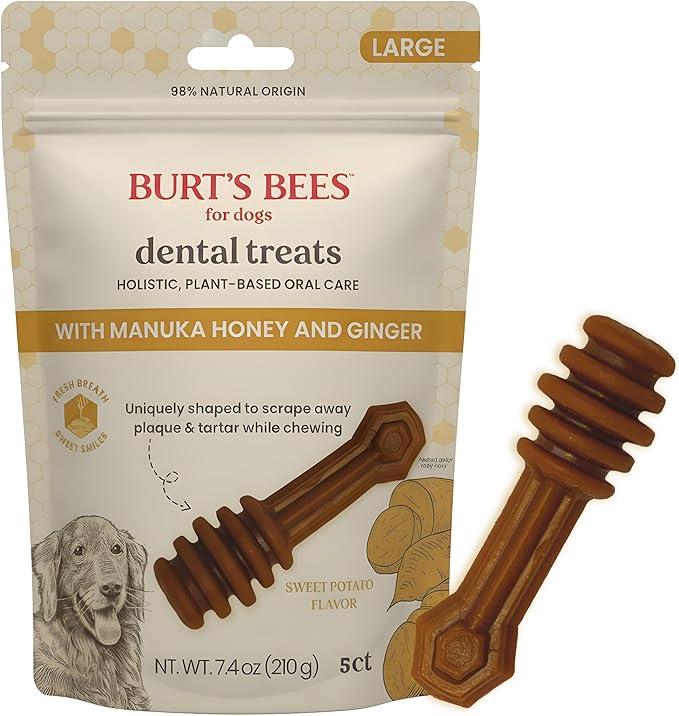 BURT'S BEES FOR PETS Dental Treats for Dogs with Manuka Honey & Ginger, Holistic, Plant-Based Oral Care, 98% Natural Origin Formulas, Sweet Potato Flavor, Dog Treats Medium Dogs, Sz Md/Lg 5ct, 7 oz
