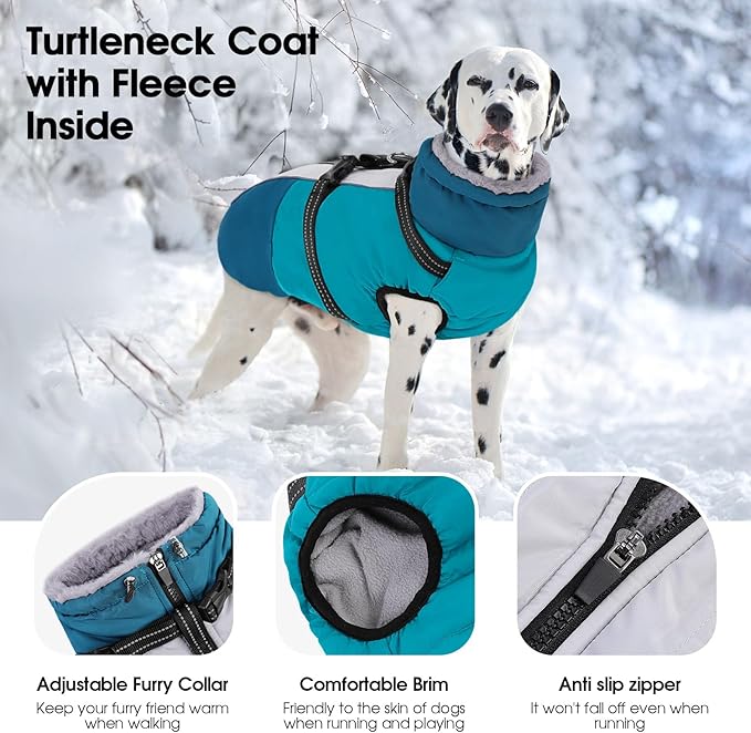 SUNFURA Dog Coat for Small Dogs, Warm Dog Winter Jacket with Harness Built in, Waterproof Pet Snow Jacket Fleece Cold Weather Coats for Puppy Chihuahua, Maltese, Turquoise XS
