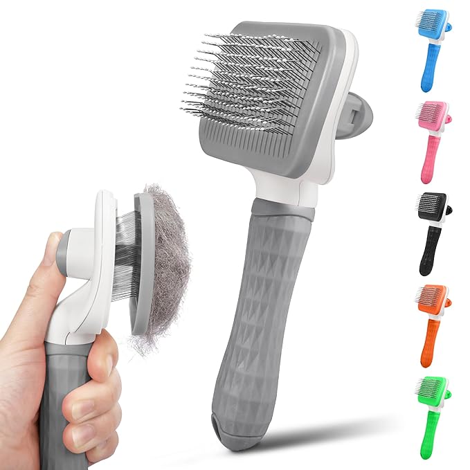 Dog & Cat Brush, Self Cleaning Slicker Brush for Pets, Upgraded Dog Brush for Shedding Massaging and Grooming, Removes Loose Undercoat & Portable Comb for Long Short Haired Dogs(Gray)