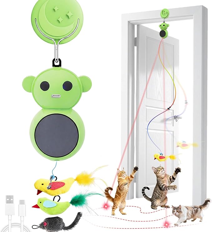 Interactive Cat Toys for Indoor Cats: 2 in 1 Laser Pointer Cat Toy with Automatic Flying Bird & Mouse Wand, Smart Motion Mode Adjustable Speed, USB Rechargeable Safe for Bored Kittens and Adult Cats