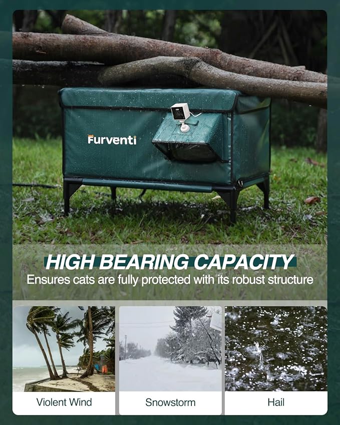 Outdoor Heated Cat House in Winter,Extremely Insulated & Weatherproof,Elevated Feral Cat Shelter with Waterproof Eaves & Escape Door for Outside Stray Barn Cat (Green, L with Cam) 28.0